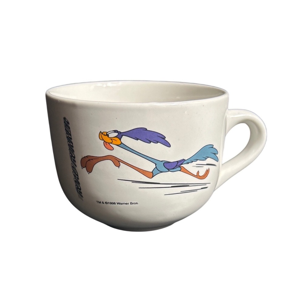 Vintage 1998 Looney Tunes Road Runner Ceramic Mug Salton Warner Bros White Large